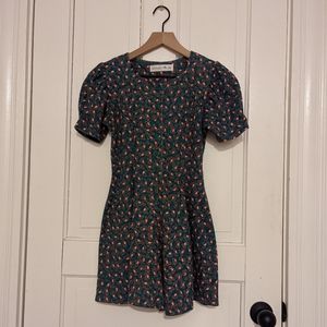 Vintage teal with red abstract floral button down romper size 10/12